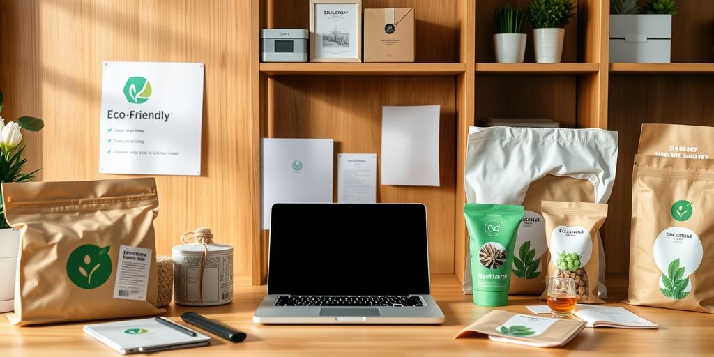 Eco-friendly packaging and products in a modern workspace.