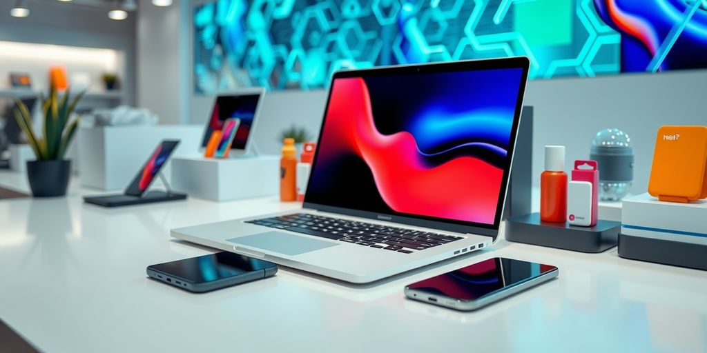 Modern workspace with laptop and smartphone for ecommerce.