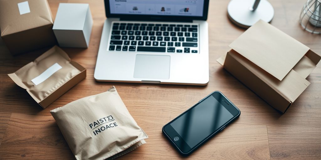 Ecommerce workspace with laptop, packaging, and smartphone.