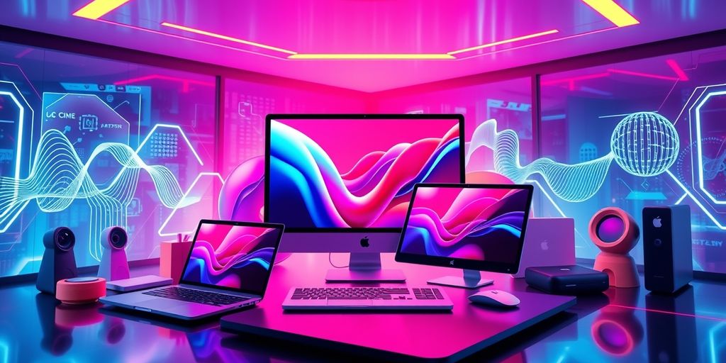 Modern digital workspace with devices and vibrant colors.
