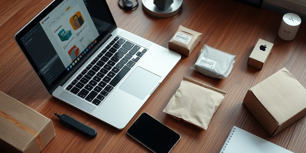 Modern workspace with laptop and packaging materials.