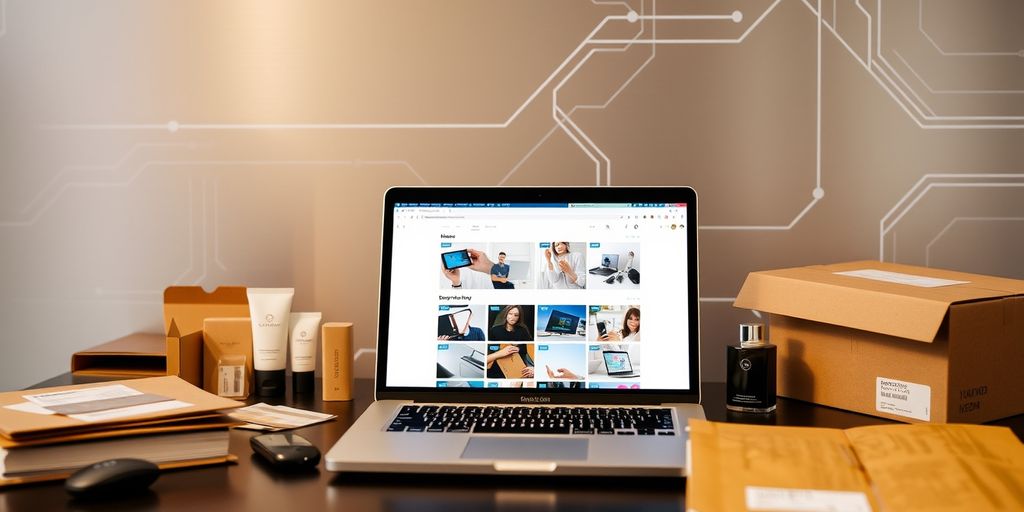 Ecommerce workspace with laptop and product samples.