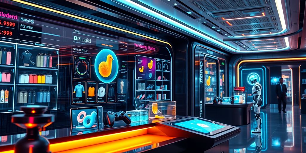 Futuristic ecommerce scene with digital interface and products.