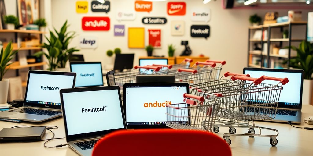 Laptops and shopping carts in a tech workspace.