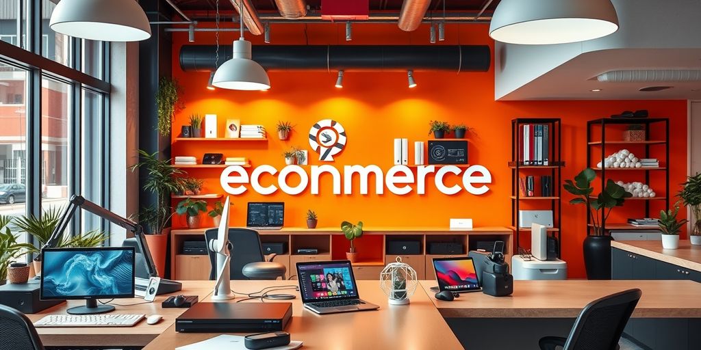 Modern ecommerce workspace with tech gadgets and vibrant colors.
