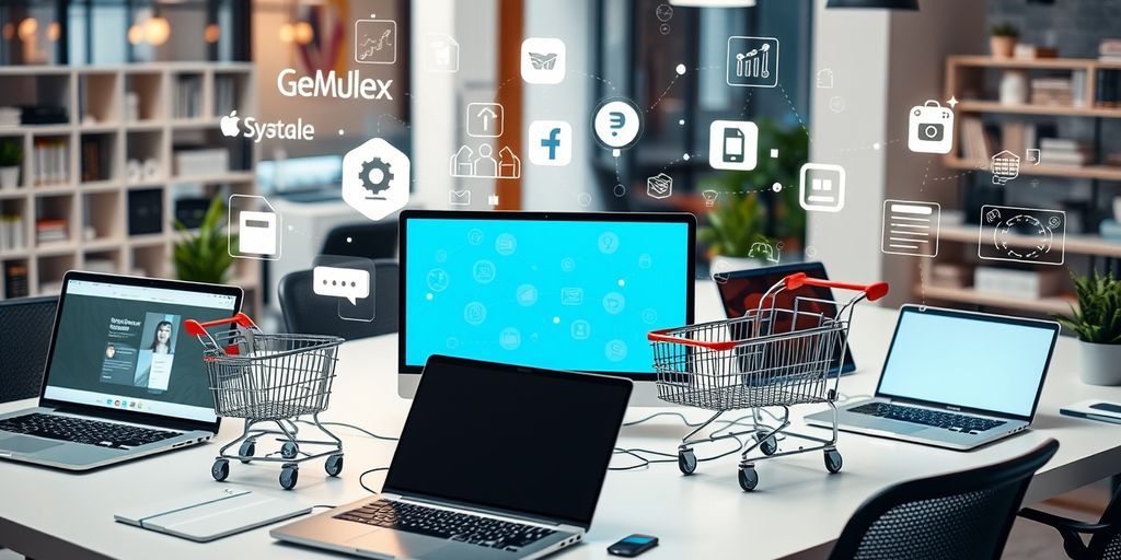 Laptops and shopping carts in a modern workspace.
