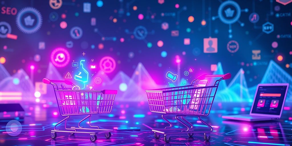 Futuristic ecommerce landscape with digital shopping elements.