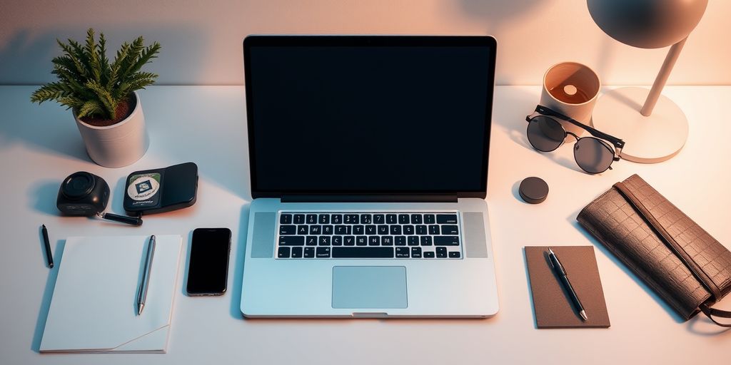 Modern workspace with laptop and smartphone.