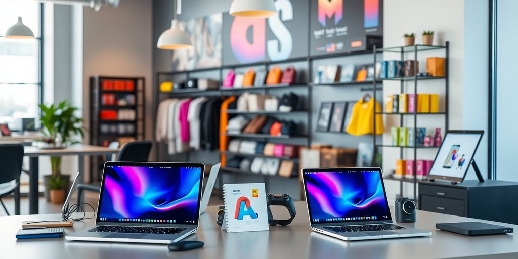 Modern workspace with laptops and digital devices.