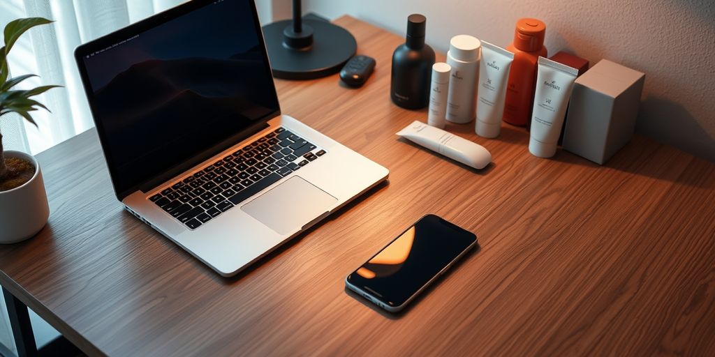 Modern workspace with tech products on a desk.