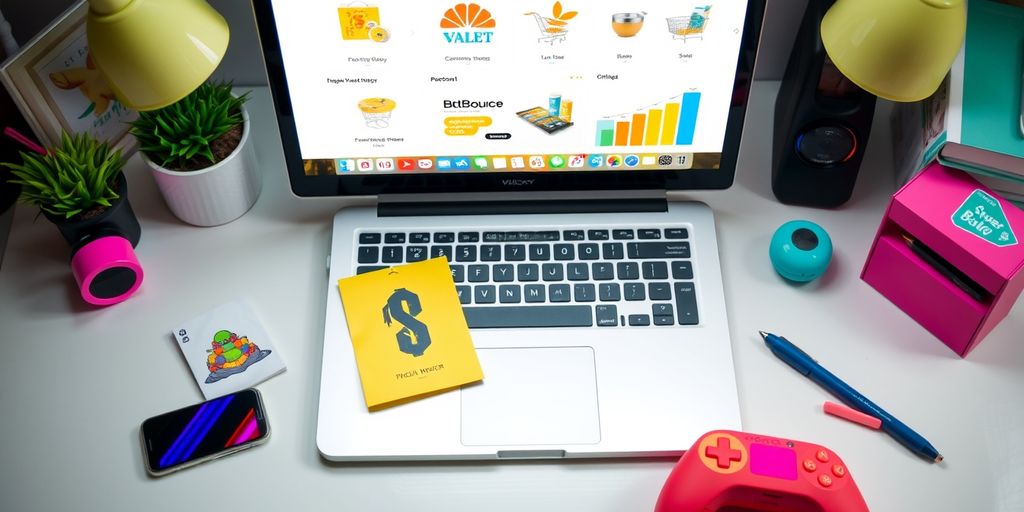 Modern workspace with laptop and ecommerce products.