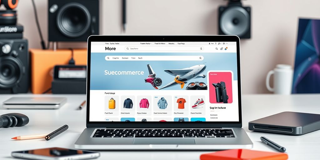 Ecommerce platform on laptop with tech gadgets around.