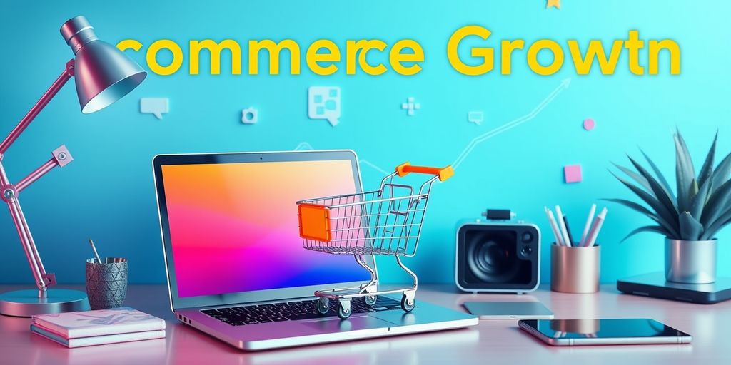 Modern workspace with laptop and shopping cart.