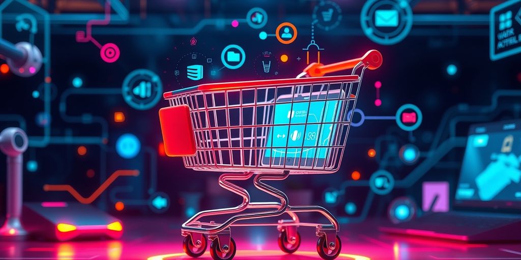 Futuristic shopping cart with voice-activated devices.