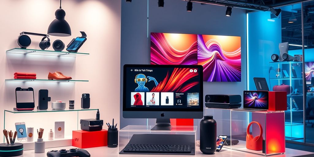 Modern ecommerce setup with high-tech gadgets and vibrant displays.