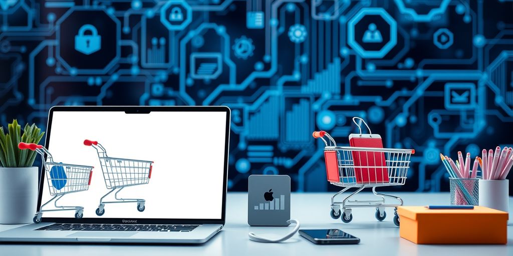 Ecommerce workspace with laptops and shopping carts.