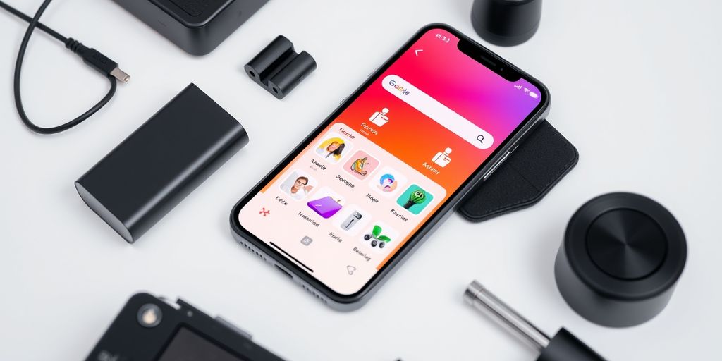 Mobile device showcasing ecommerce app with tech gadgets.