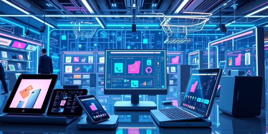 Futuristic ecommerce scene with digital devices and product displays.