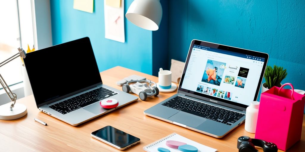 Modern workspace with laptop, smartphone, and product samples.
