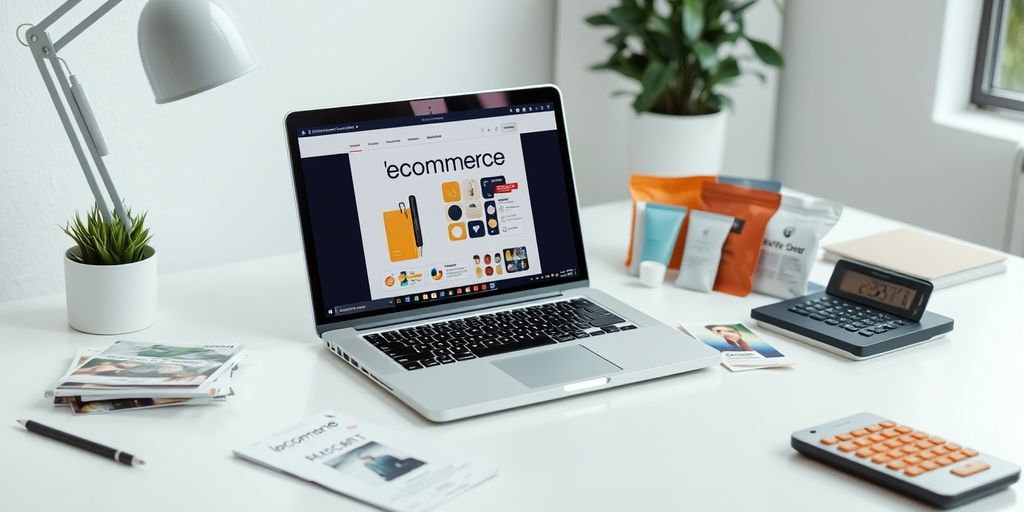 Ecommerce workspace with laptop and product samples.