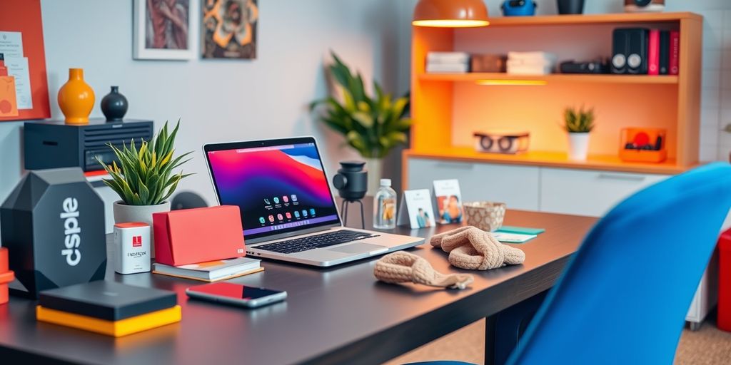 Ecommerce workspace with laptop, smartphone, and product samples.