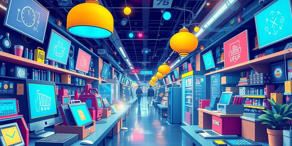 Colorful ecommerce products and devices in a tech setting.