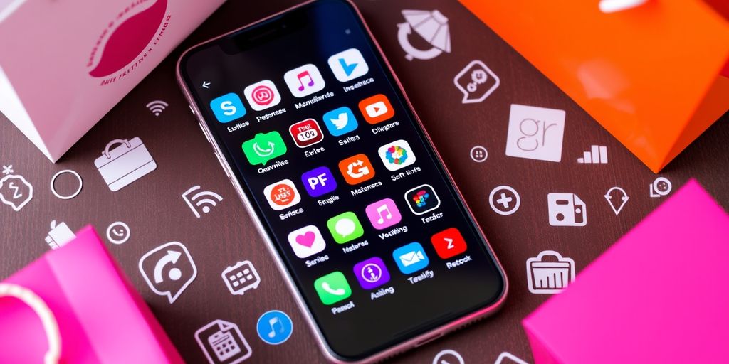 Smartphone with ecommerce apps and shopping bags around it.