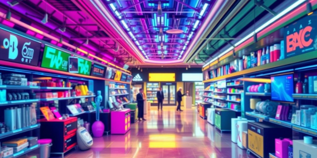 Futuristic ecommerce marketplace with diverse products and devices.