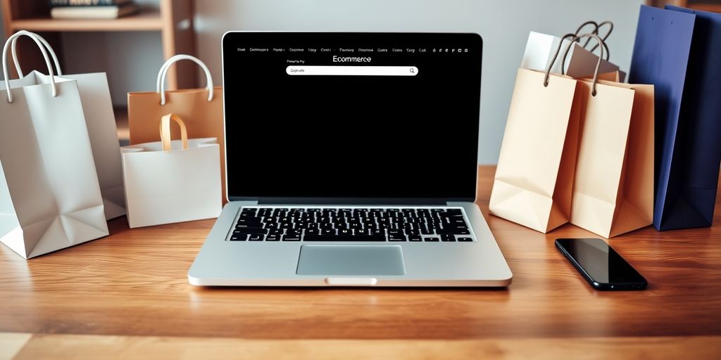 Laptop and shopping bags on a desk.