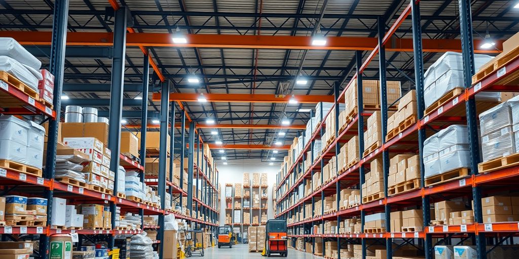 Modern warehouse with organized shelves and diverse products.