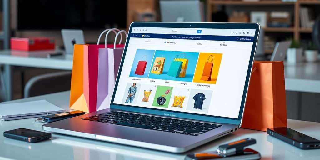Laptop with product images and shopping bags in workspace.
