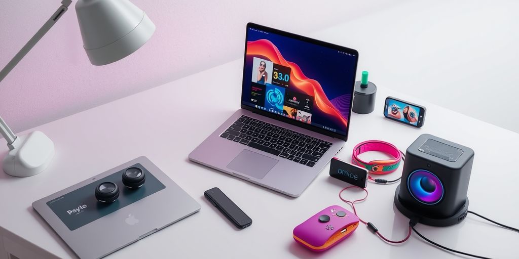 Modern workspace with laptop and colorful product images.
