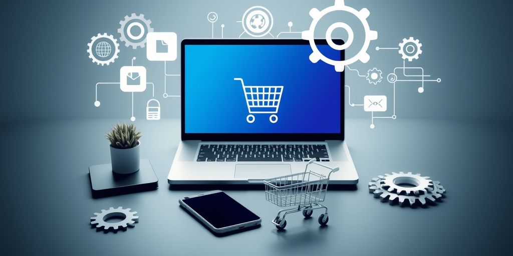 Ecommerce tech workspace with laptop and shopping cart icons.