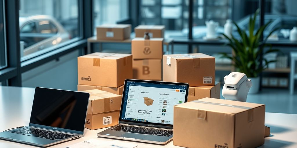 Modern workspace with laptop and shipping boxes.