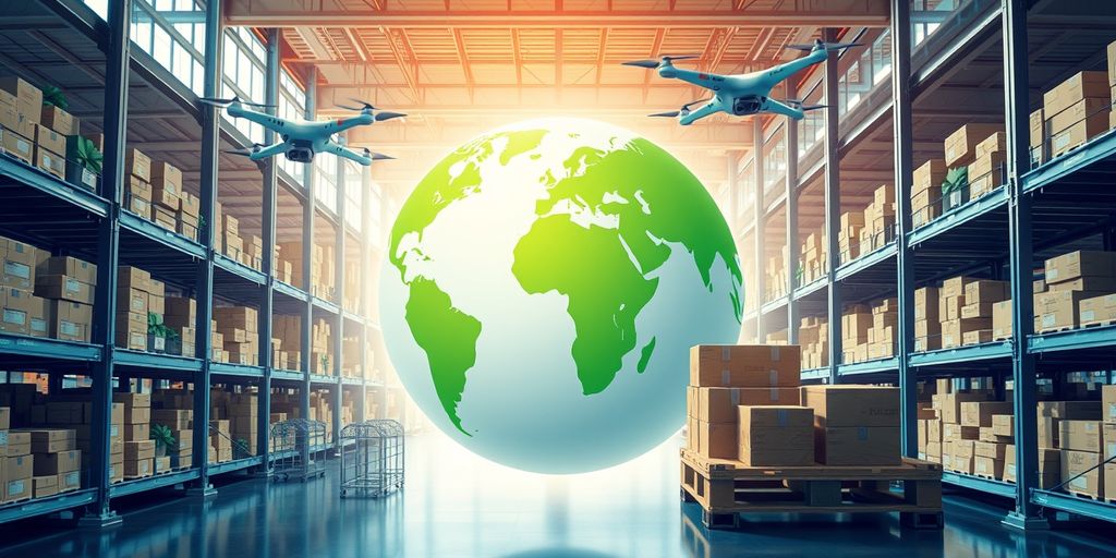 Modern warehouse with eco-friendly packaging and drones.