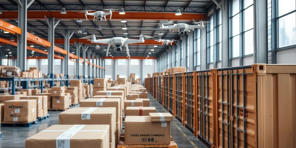 Modern warehouse with packages and drones for ecommerce.