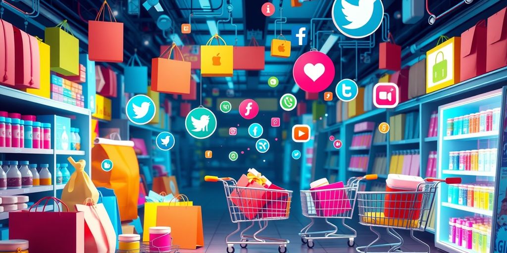 Colorful ecommerce products with social media icons.