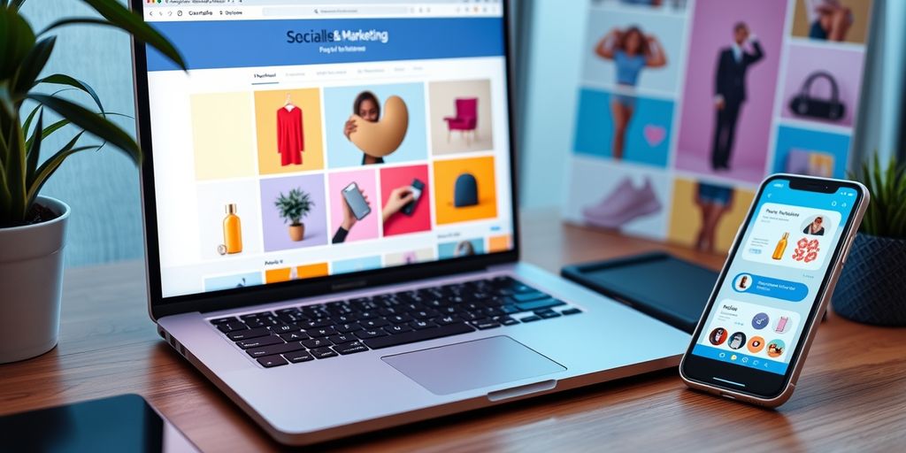 Digital workspace with laptop and smartphone for ecommerce.