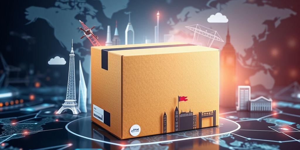 Modern shipping box with digital elements and landmarks.
