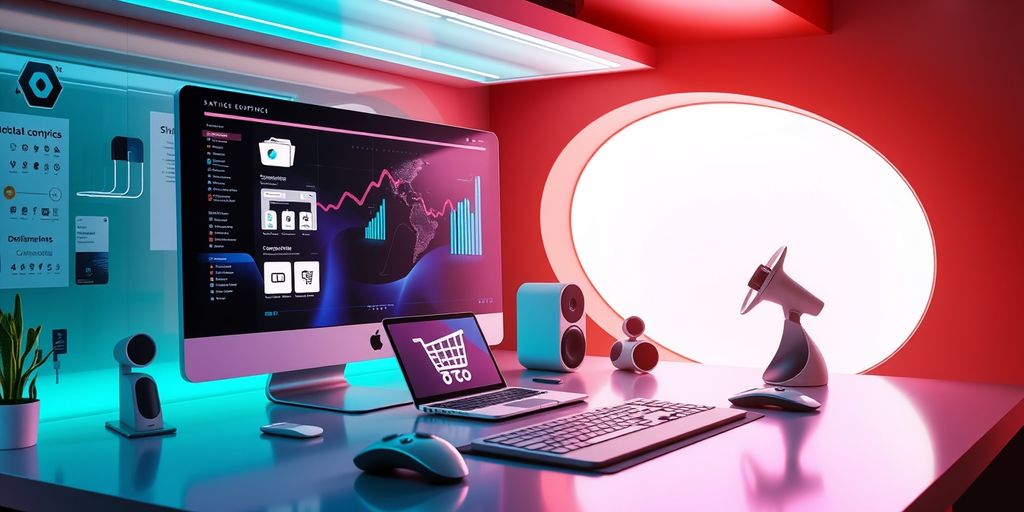 Modern workspace with gadgets and vibrant colors.