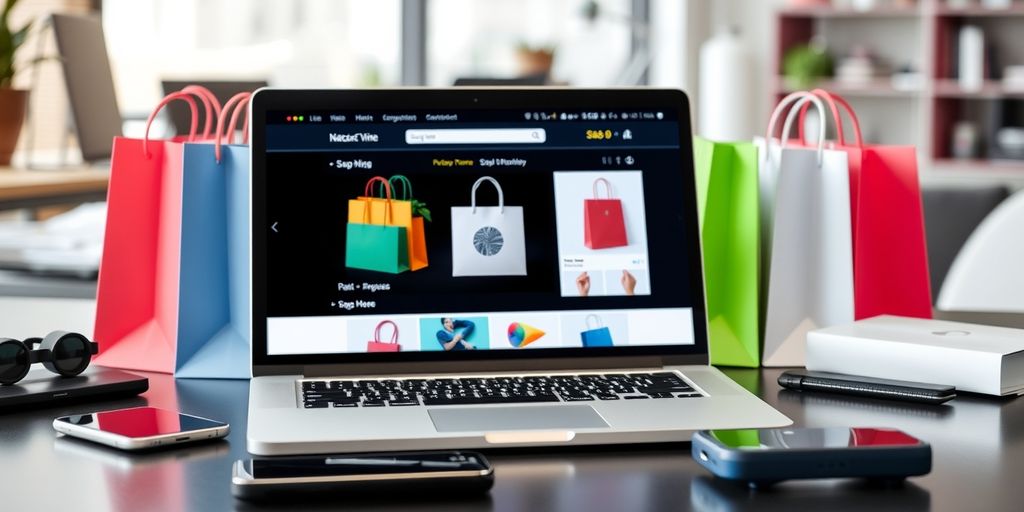 Laptop with product images and shopping bags in workspace.