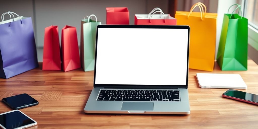 Laptop with shopping bags in a tech-themed setting.