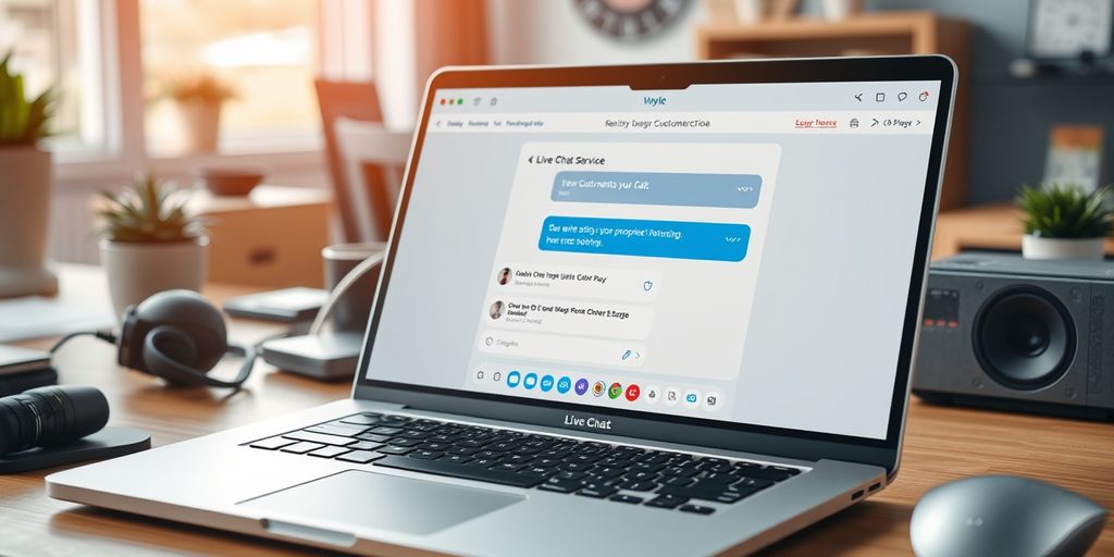 Laptop with live chat interface in a tech workspace.