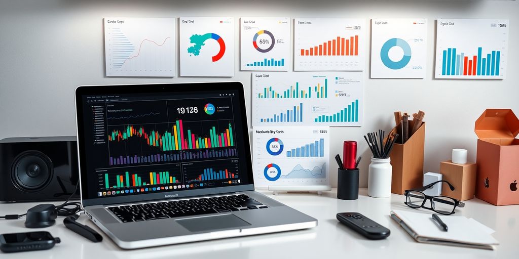 Modern workspace with laptop and ecommerce elements.