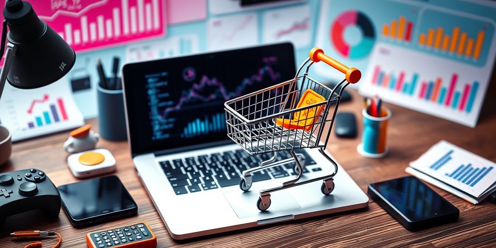 Ecommerce workspace with laptop and shopping cart.