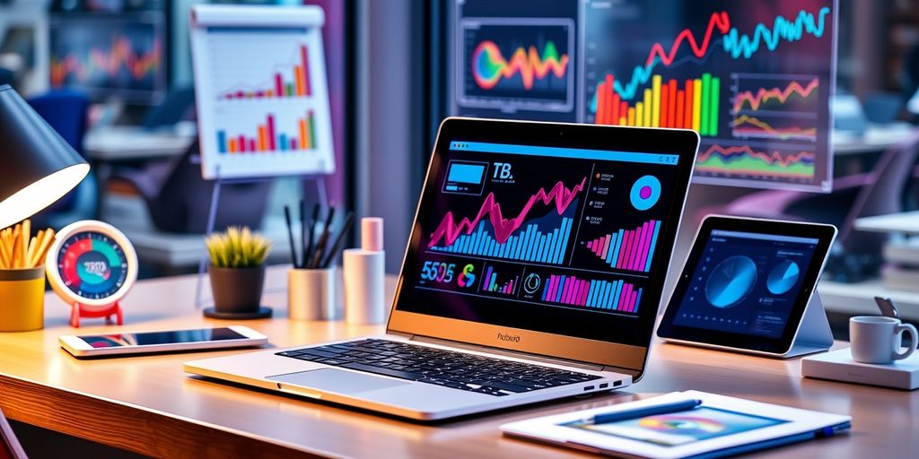 Modern workspace with laptop and digital devices.