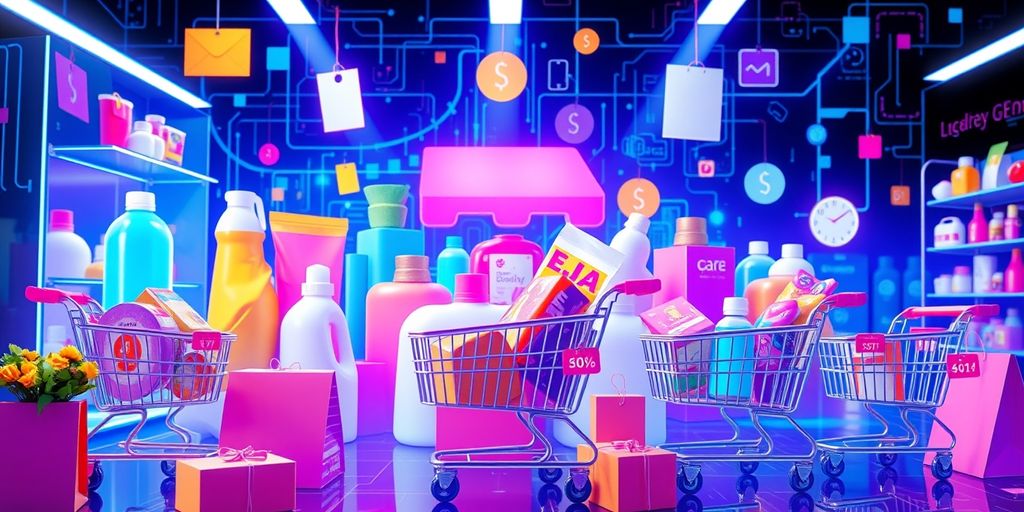 Colorful ecommerce scene with products and shopping carts.