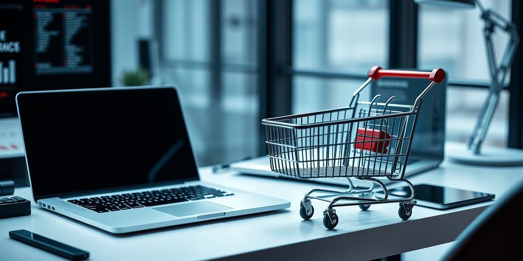 Ecommerce workspace with laptop and shopping cart.