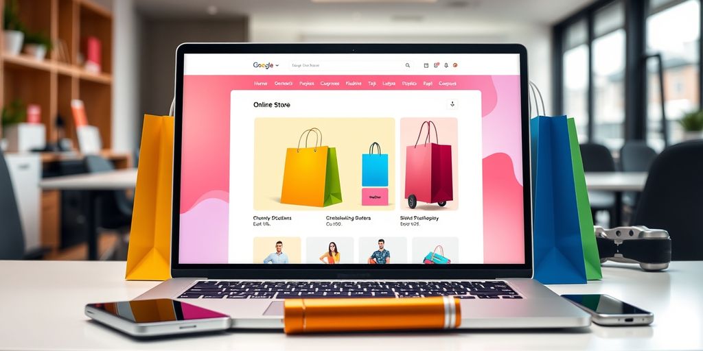 Laptop with online store, shopping bags, and tech gadgets.