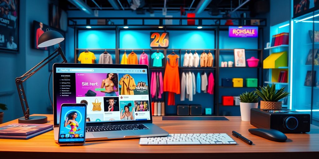 Ecommerce workspace with laptop, smartphone, and product displays.